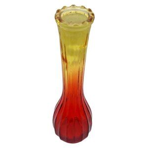 Vintage Jeannette Glass Amberina Ribbed Bud Vase 1970s Scalloped Mouth Retro